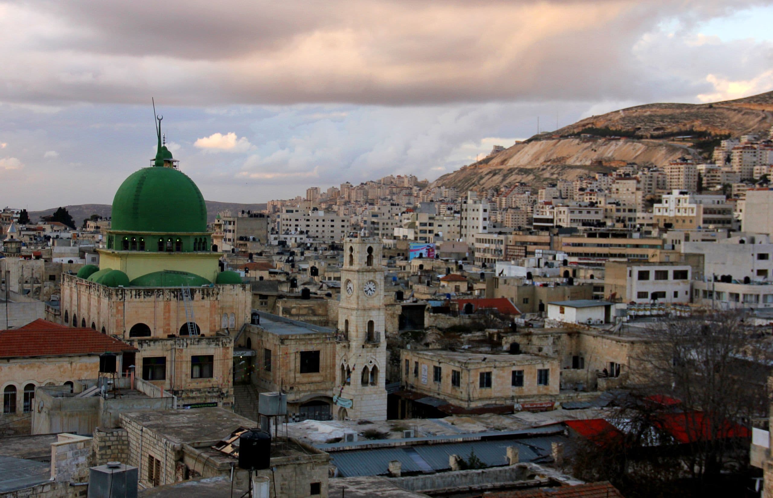 An-Nasr Mosque and the clock tower in the Old City of Nablus