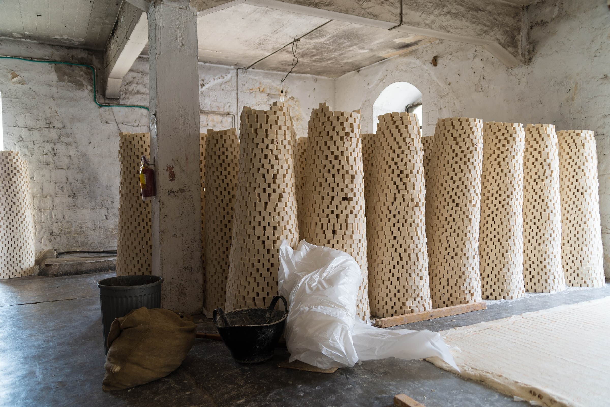 Towers of olive-oil soap bars inside a soap factory in Nablus