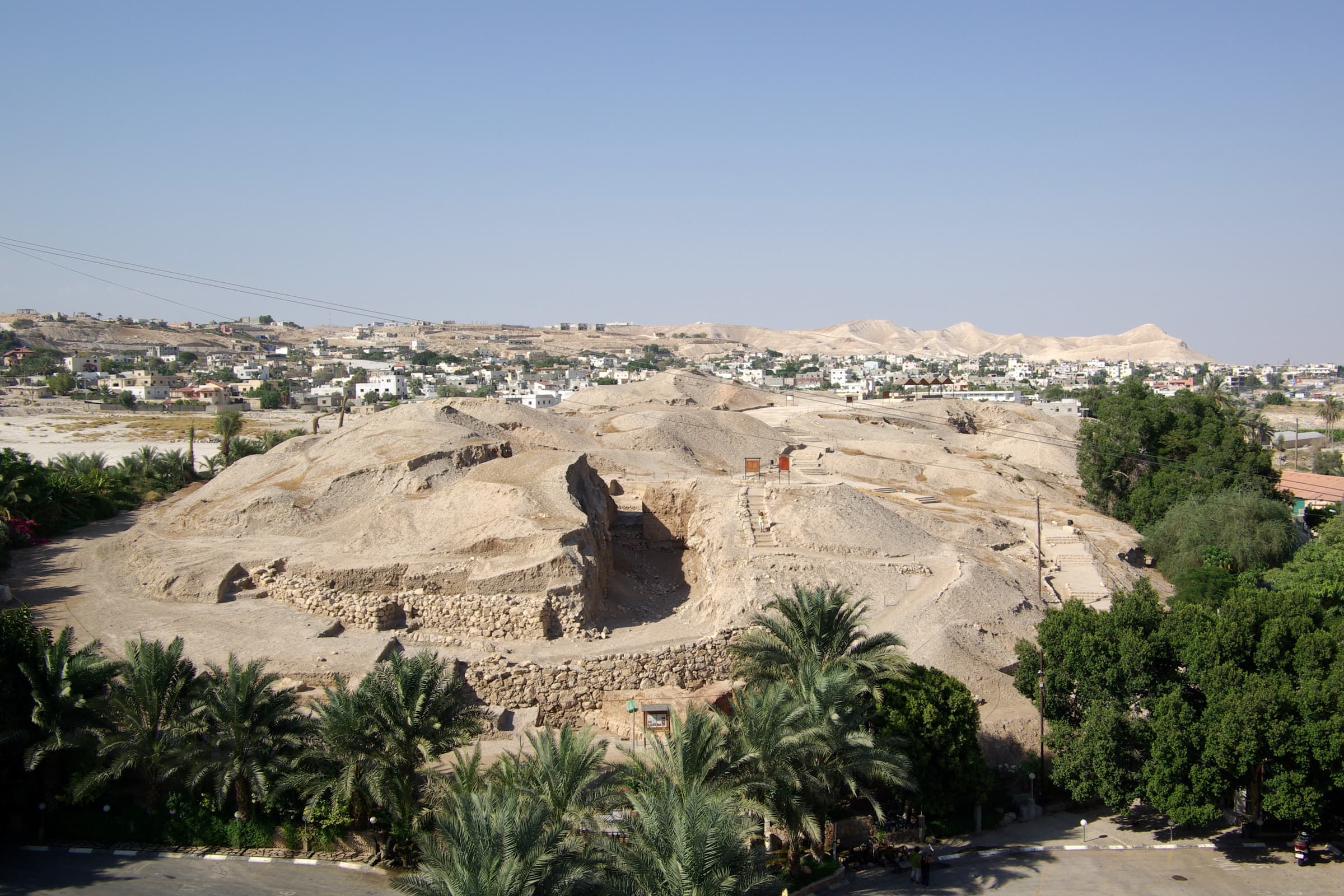تل السلطان، تلّ أريحا القديمة، من أعلى وحوله النخيل